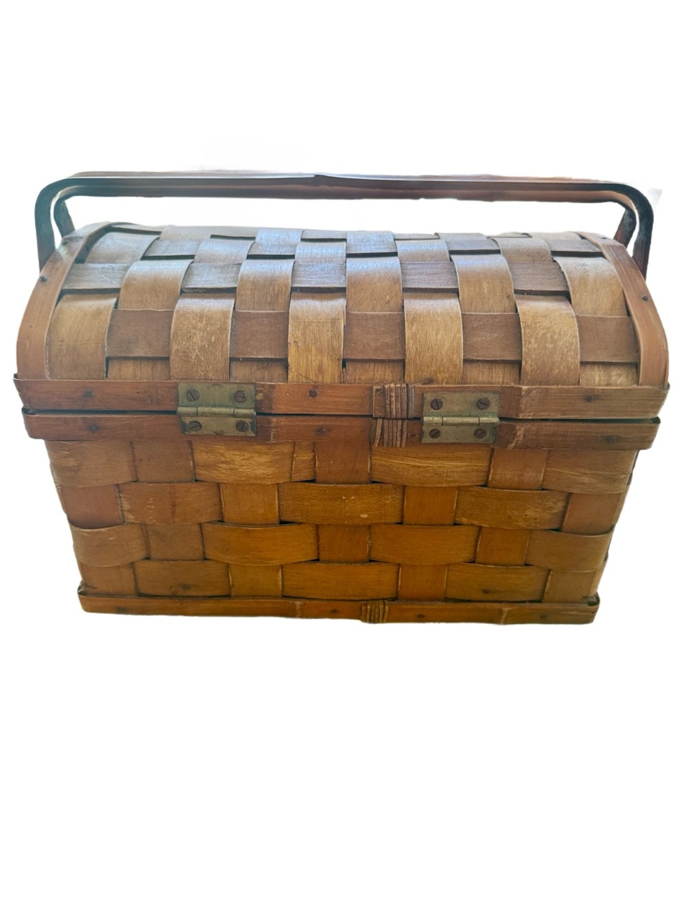 Vintage large Woven Wood Picnic Basket w two handles